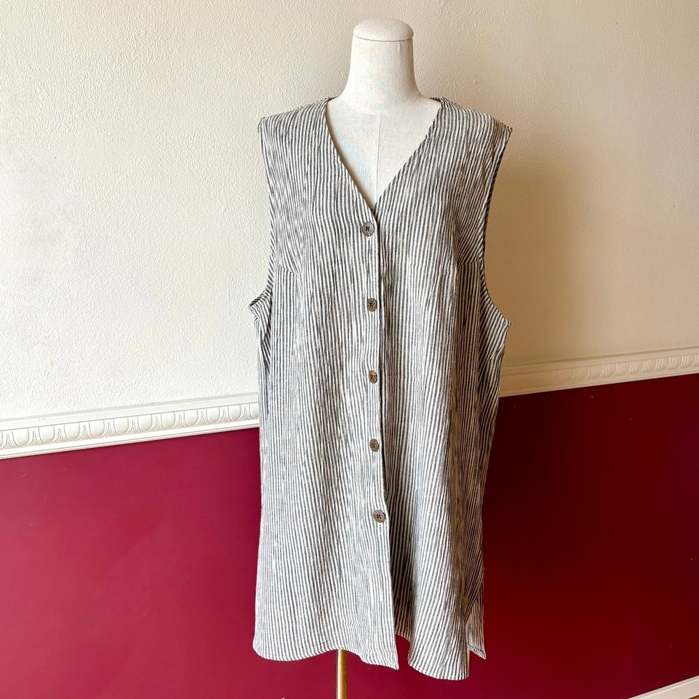 Vintage August Max Woman Rayon Linen Striped Button Front Longline Vest Tunic 1X